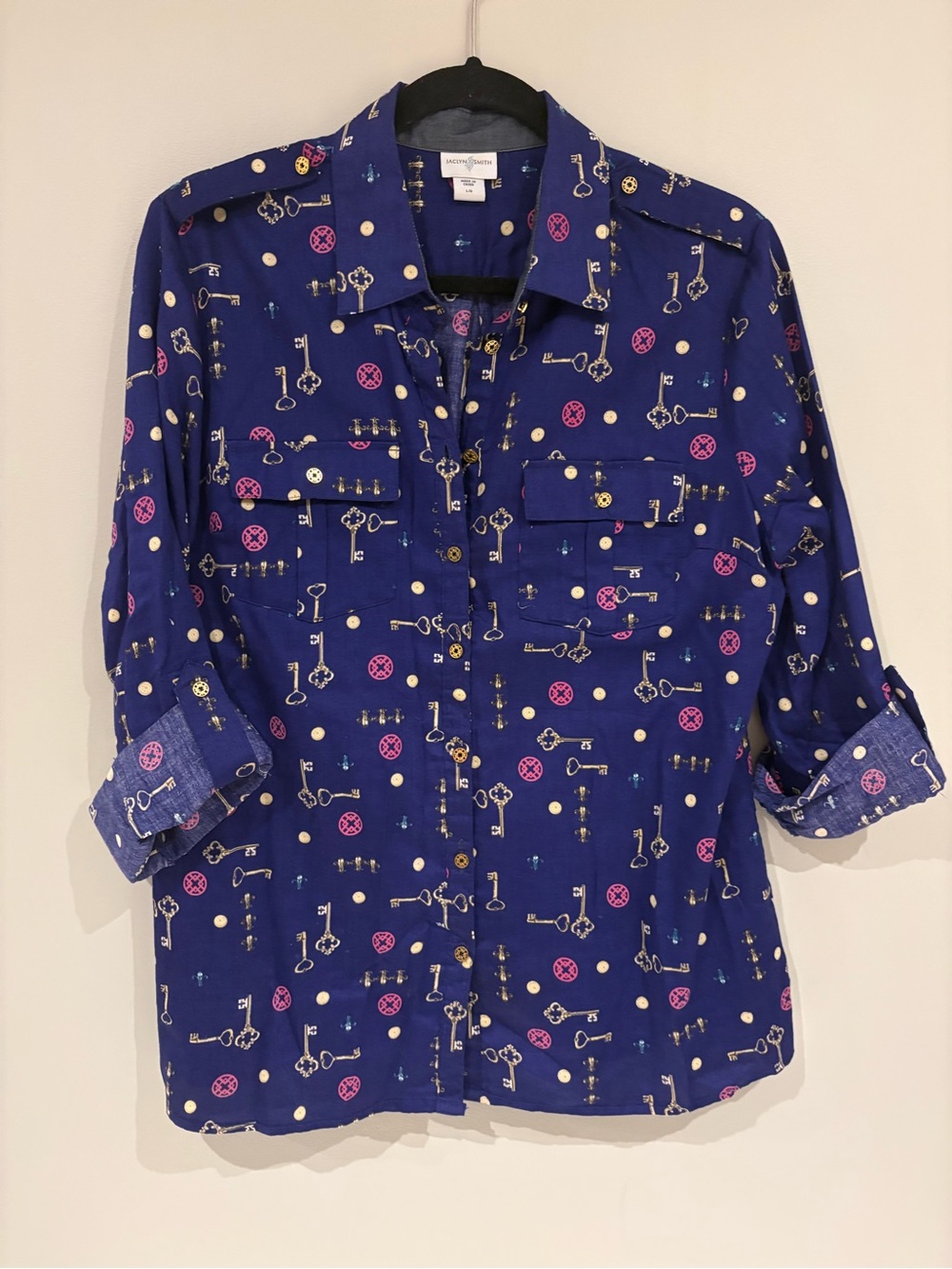 Navy Blue Key-Print Button-Up Shirt